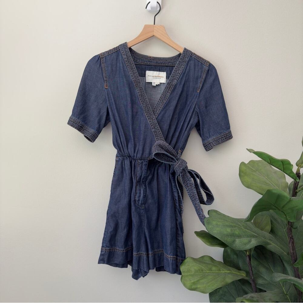 Pilcro and the Letterpress Denim Shorts Romper Wrap Tie Anthropologie Jean Blue
